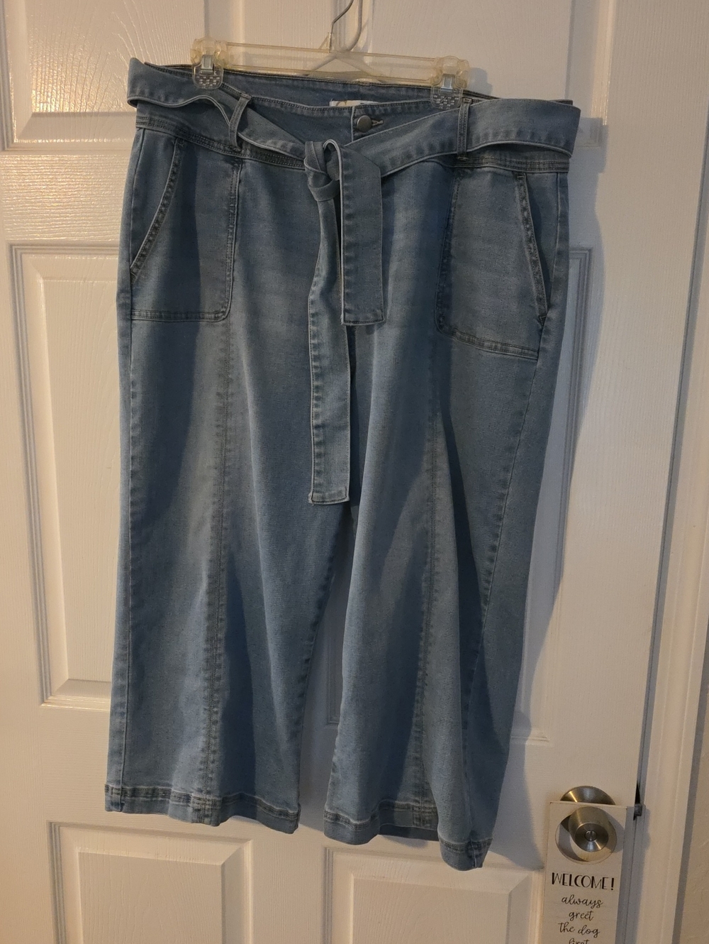 Cato Light Blue Cropped Wide-Leg Paperbag Jeans with Tie Belt